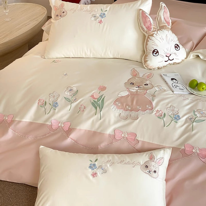 Whimsical Bunny Embroidered Duvet Cover Set with Reversible Sateen Back and Plush Accent