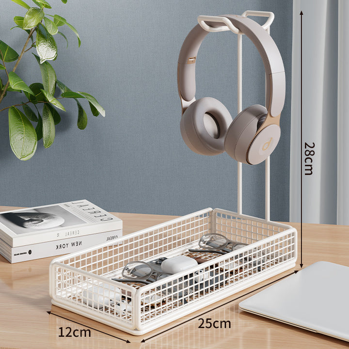 Overhead Headphone Stand with Integrated Wire Mesh Storage Tray and Vertical Metal Support