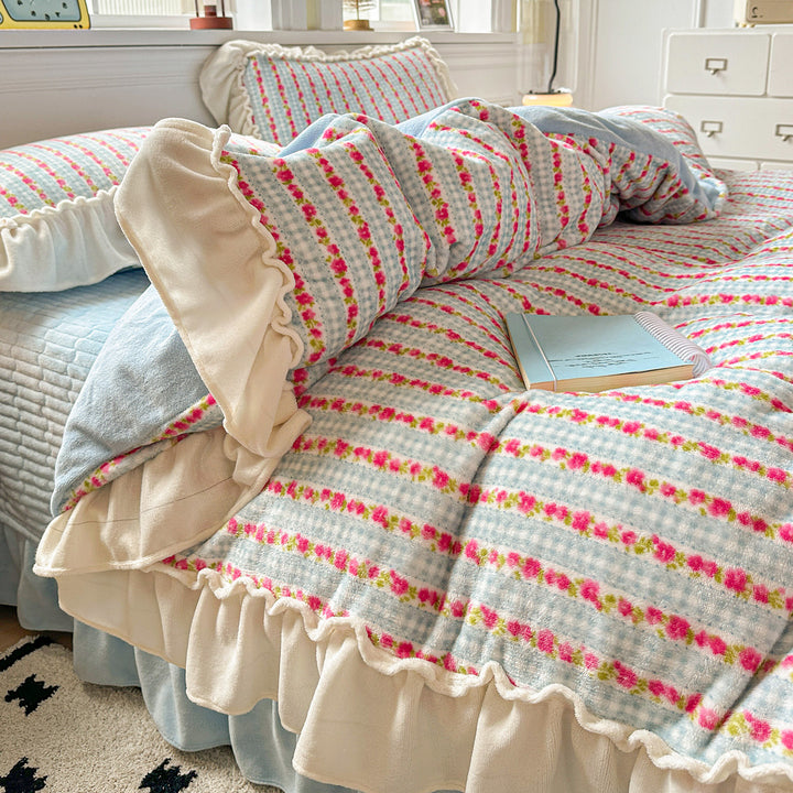 Reversible Plush Floral Comforter Set with Ruffled Skirt and Matching Pillow Shams