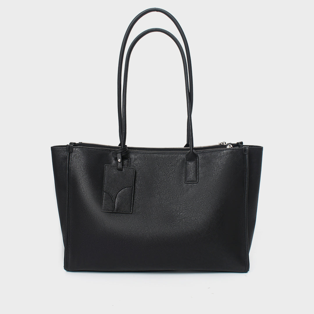 Smooth Vegan Leather Structured Top-Zip Tote with Double Rolled Handles and Luggage Tag