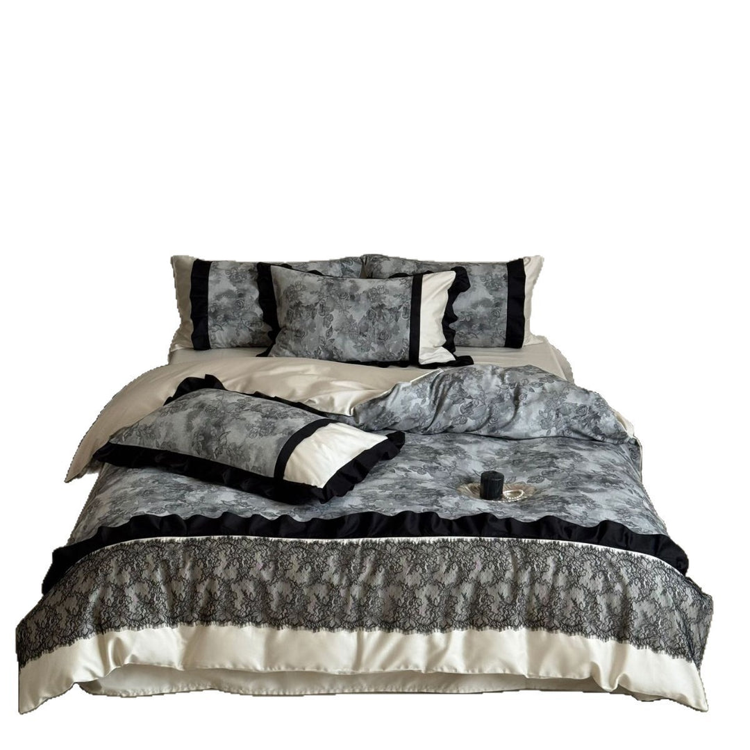 Elegant Satin-Blend Duvet Cover Set with Ruffle Trim, Lace Appliqué Band & Reversible Botanical Print Pillow Shams