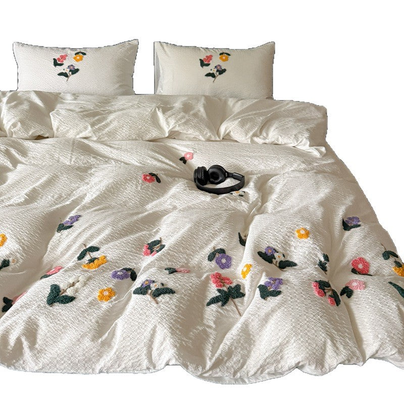 Textured Embroidered Floral Duvet Cover Set with Tufted Appliqué
