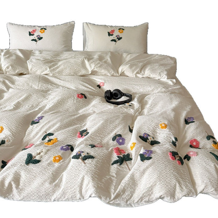 Textured Embroidered Floral Duvet Cover Set with Tufted Appliqué