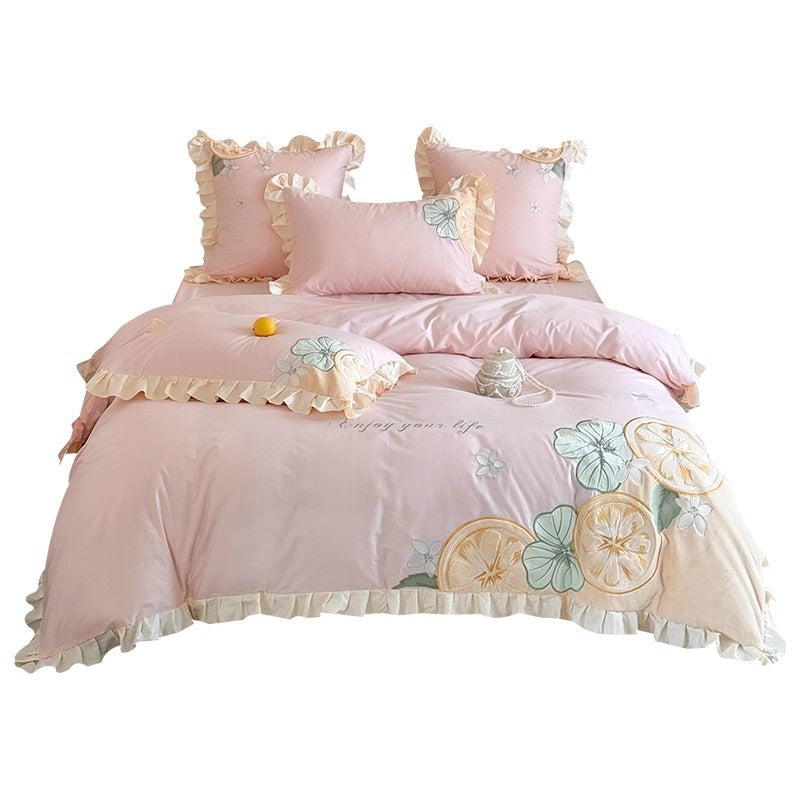 Ruffled Lemon Embroidered Duvet Cover Set with Decorative Shams