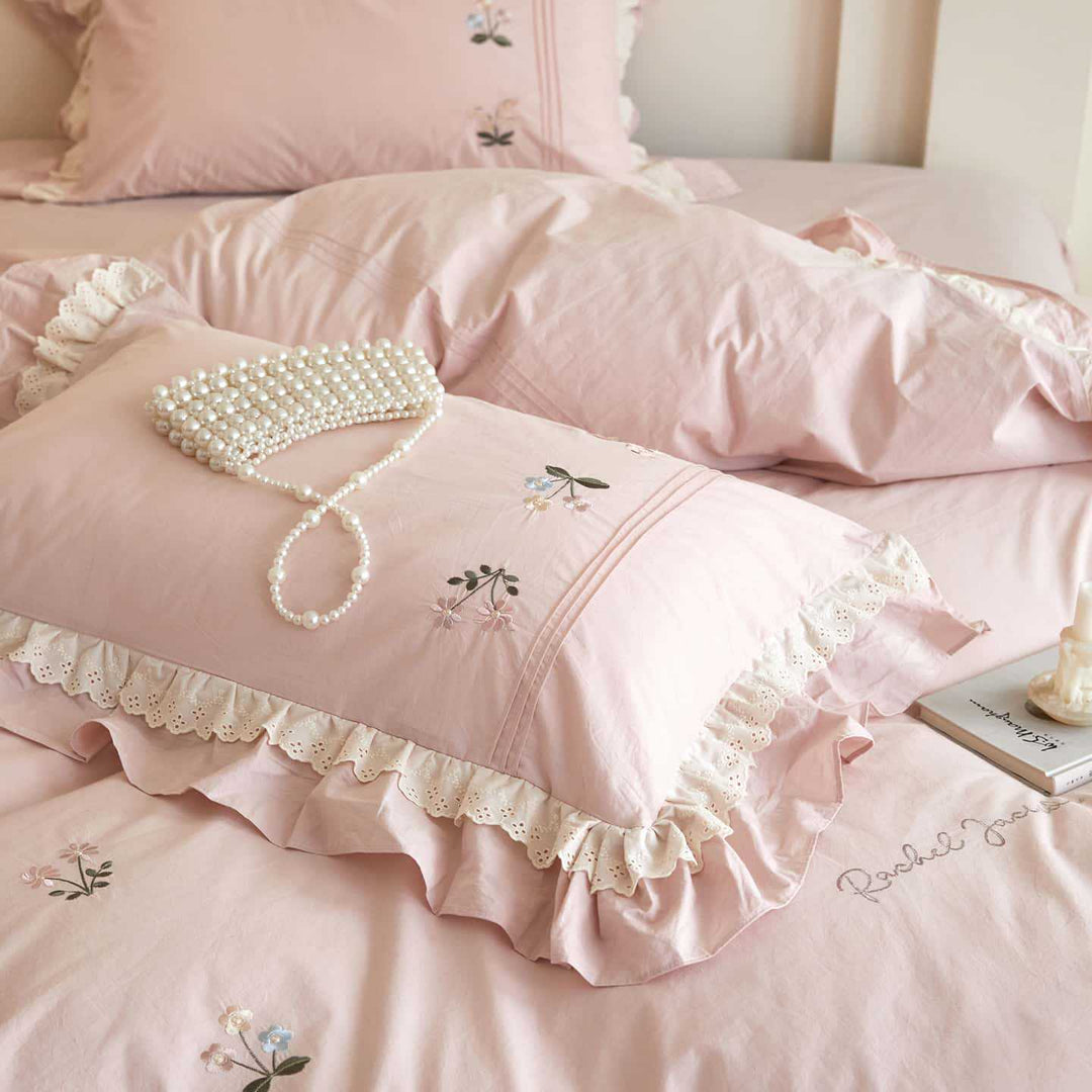 Ruffled Embroidered Cotton Duvet Cover Set with Lace Trim