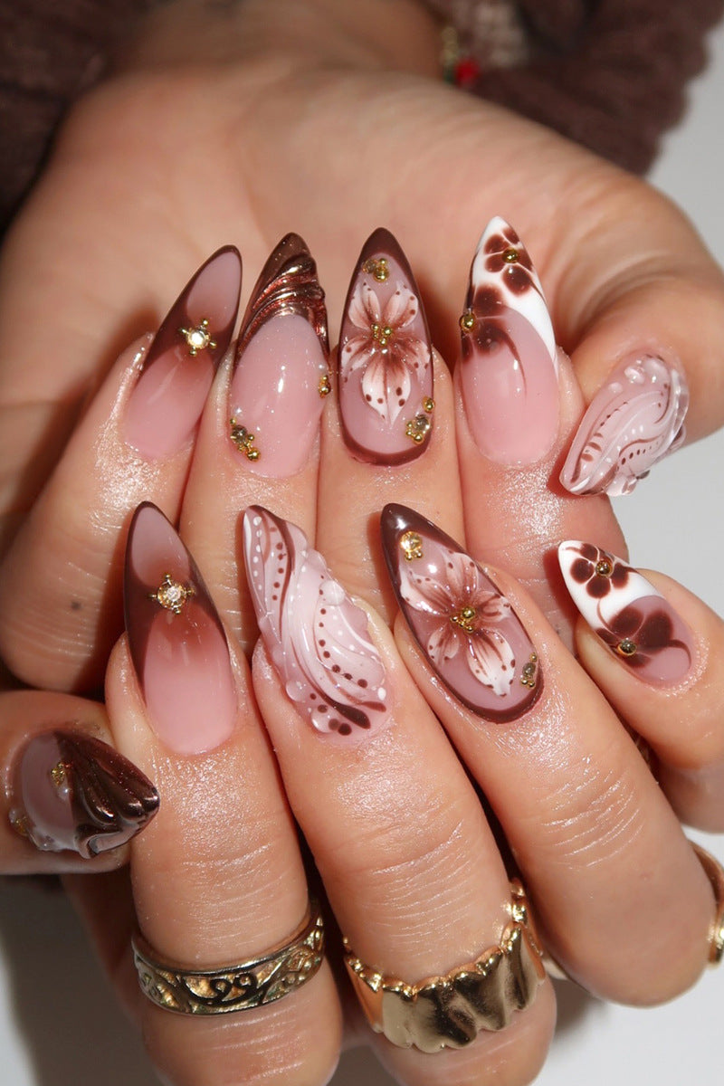 Artistic Press-On Nail Art Set with Floral and Gemstone Accents Stornfield