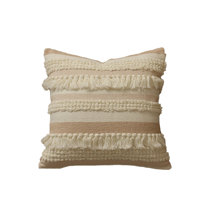 Decorative woven cushion cover with fringes and textured striped design Stornfield