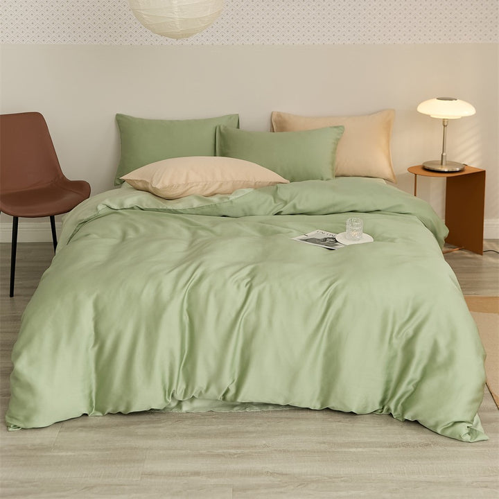 Reversible satin bedding set with a silky glossy feel and skin-friendly cotton blend