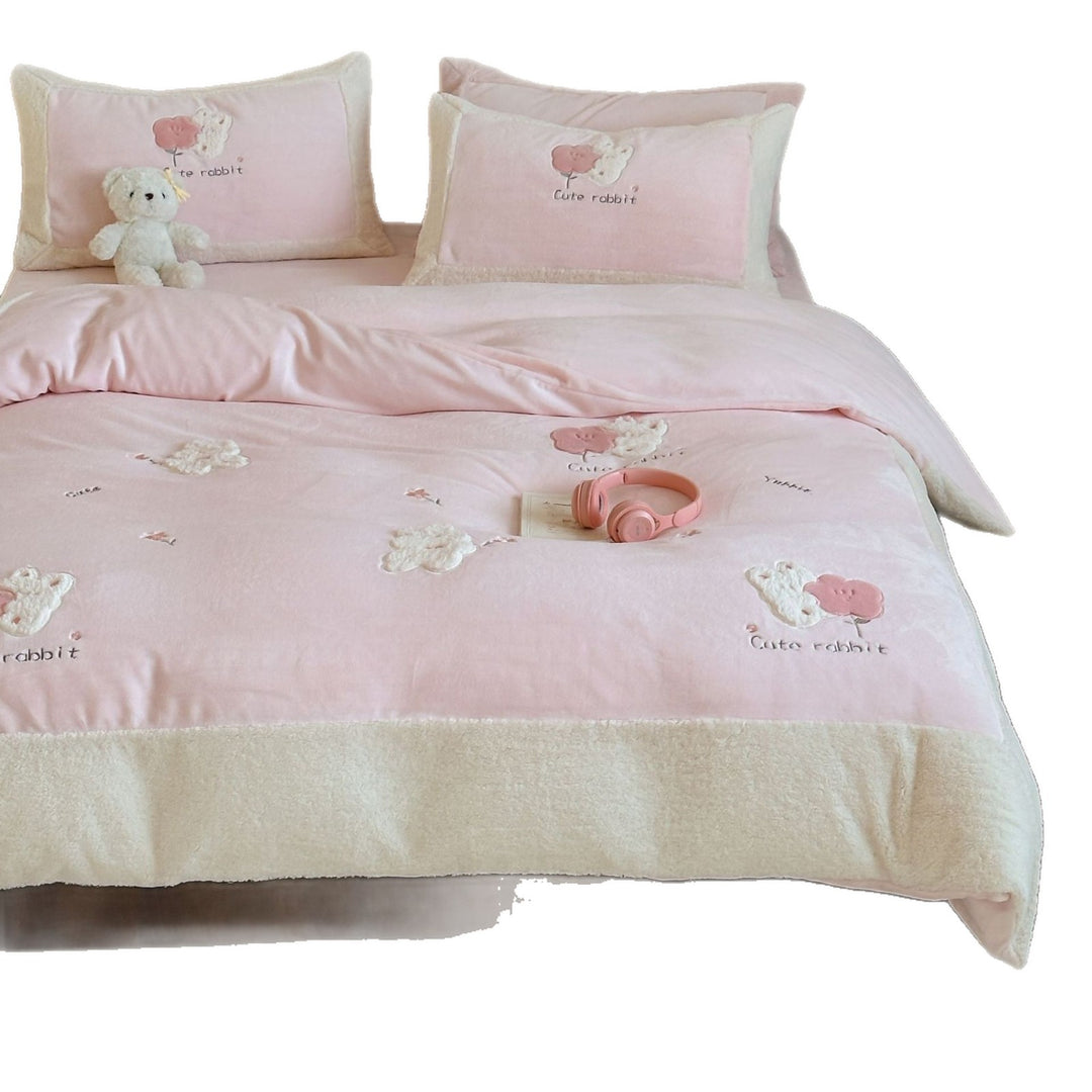 Checked bedding set with embroidered teddy bear appliqués and soft microfiber topper
