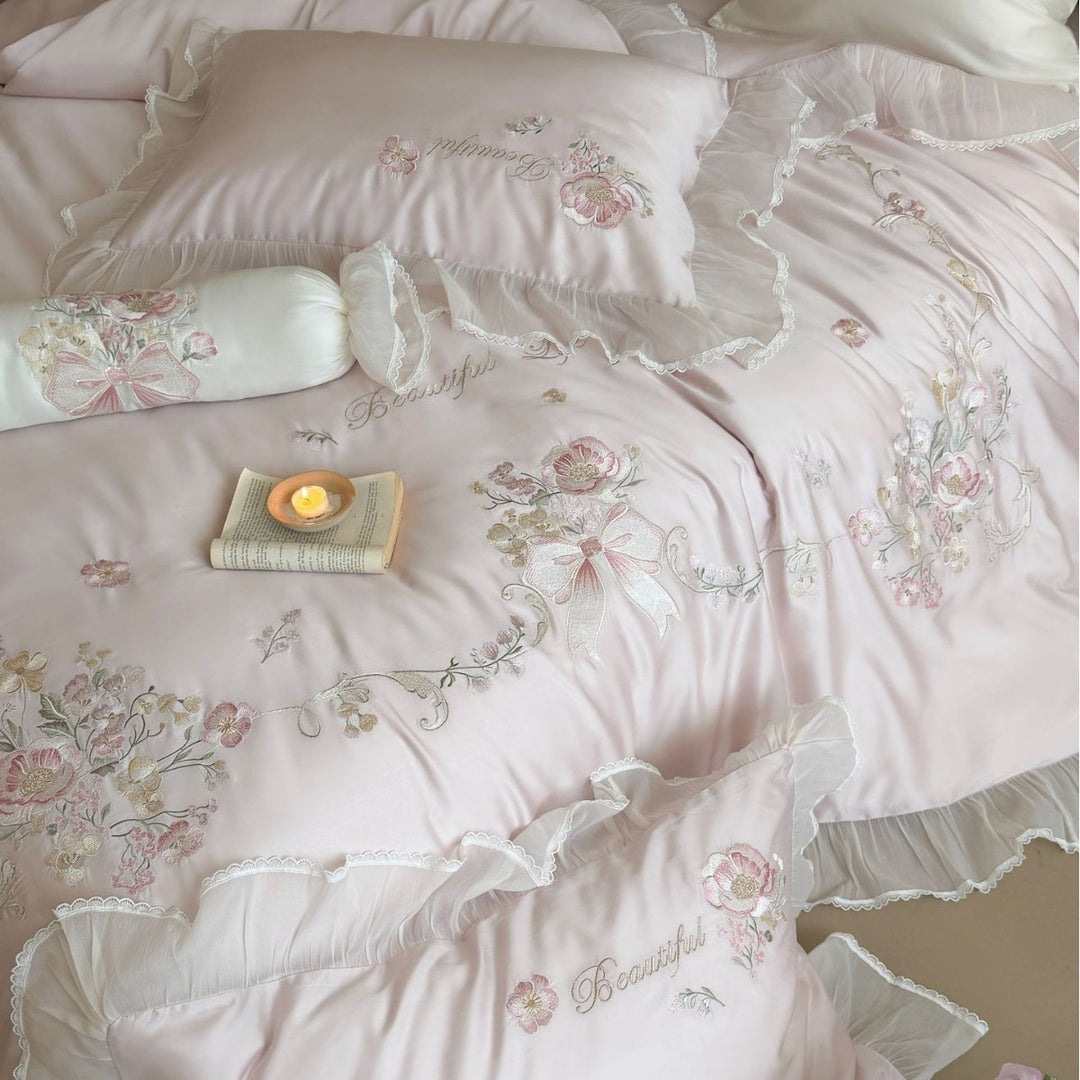 Luxurious Embroidered Satin Duvet Cover Set with Ruffled Chiffon Trim