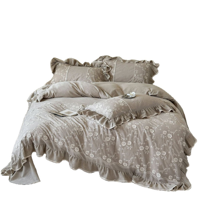 Linen bedding set with floral embroidery, ruffle and bed skirt