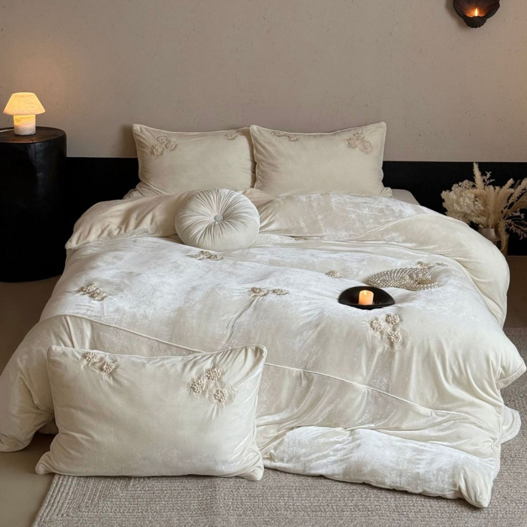 Plush Velvet Embroidered Comforter Bedding Set with Decorative Round Bolster and Quilted Shams