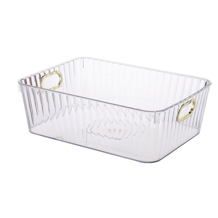 Transparent rectangular storage box with integrated carrying handles and ribbed side structure