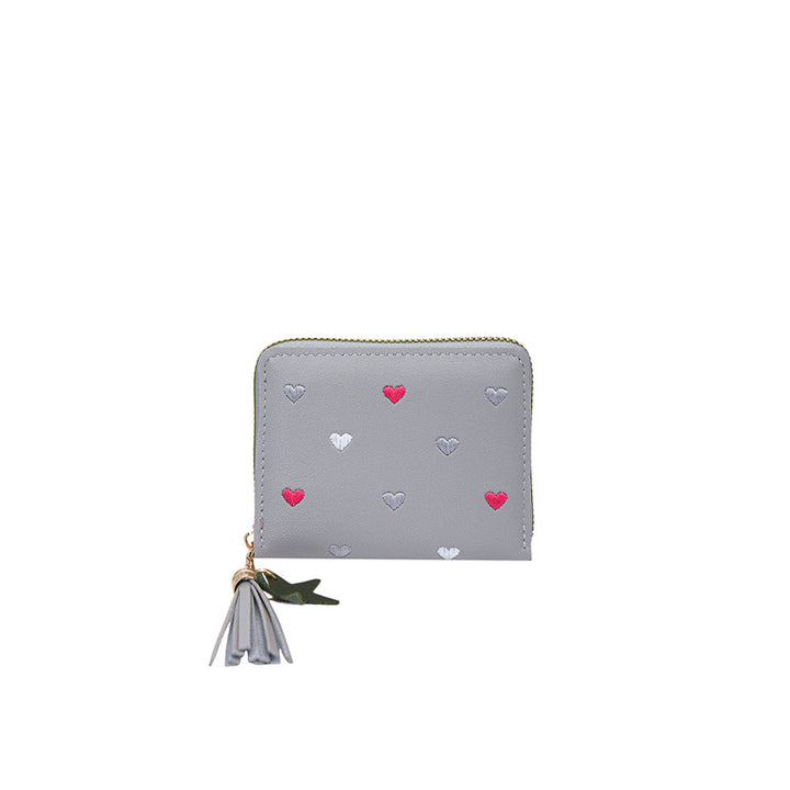 Compact Heart Patterned Zip Wallet
