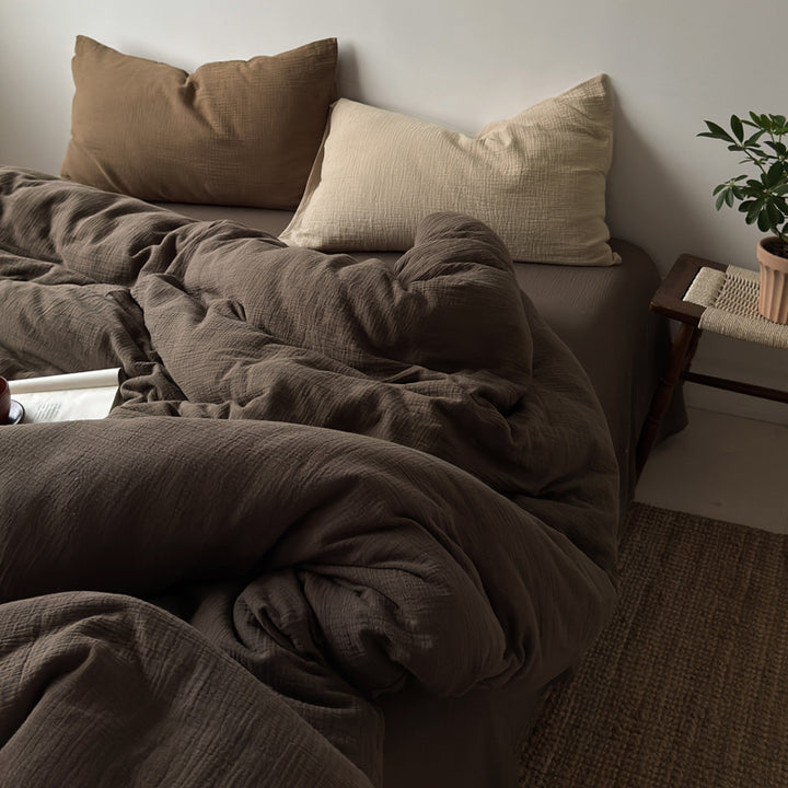 Washed Cotton Gauze Textured Duvet Cover Set with Deep-Pocket Fitted Sheet