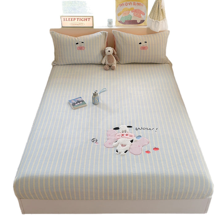 Striped Fitted Bed Sheet Set with 3D Cow Appliqué and Matching Pillowcases