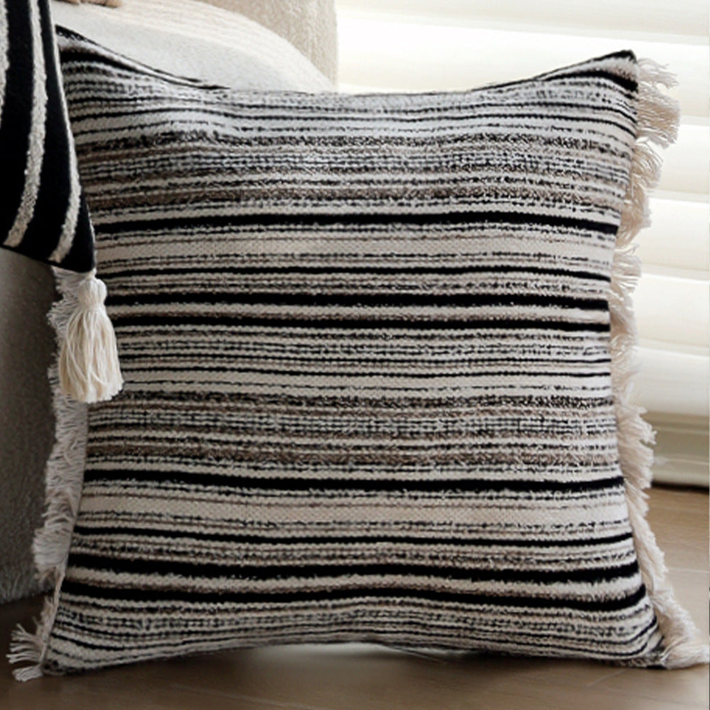 Square woven cushion cover with fine striped texture and fringe edge Stornfield