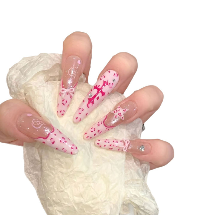 Artistic Stiletto Press-On Nail Set with Heart and Bow Design Stornfield