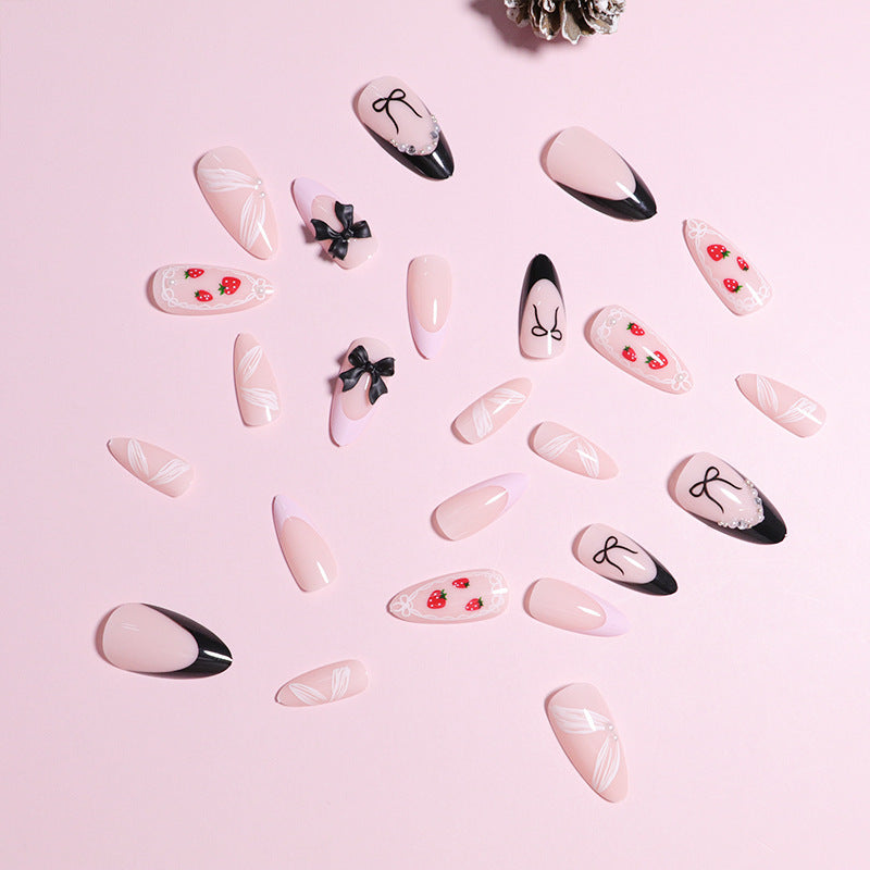 Artistic Press-On Nail Set with Bow and Berry Design Stornfield