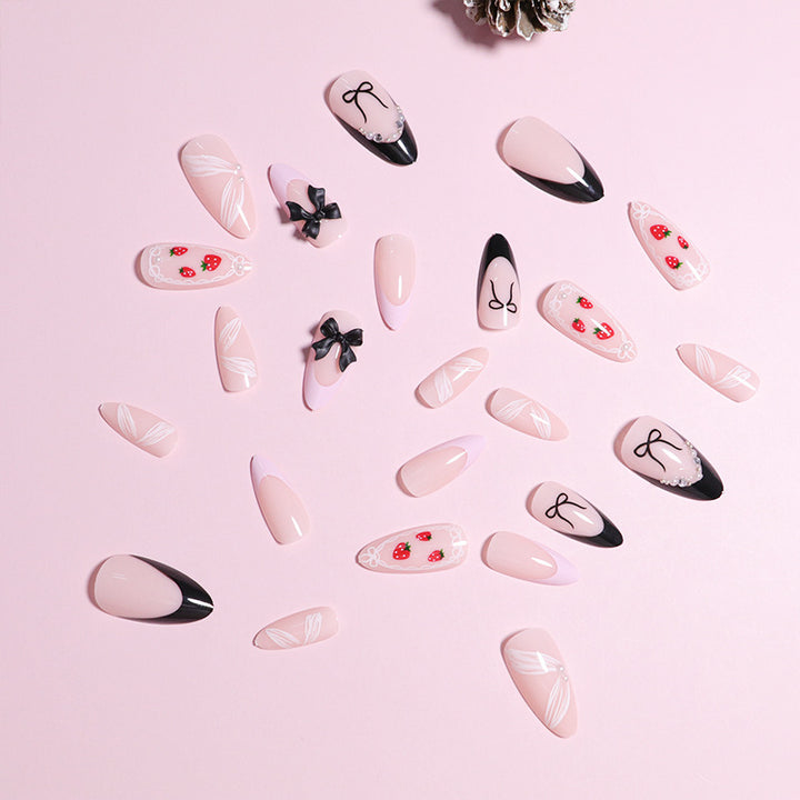 Artistic Press-On Nail Set with Bow and Berry Design Stornfield