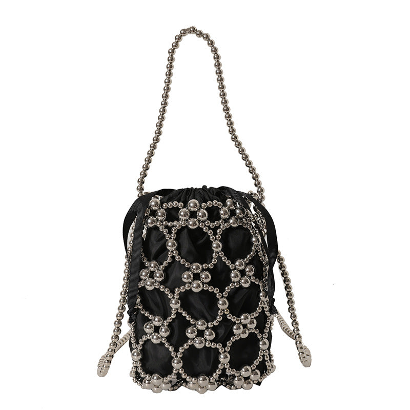 Elegant Pearl-Embellished Drawstring Handbag