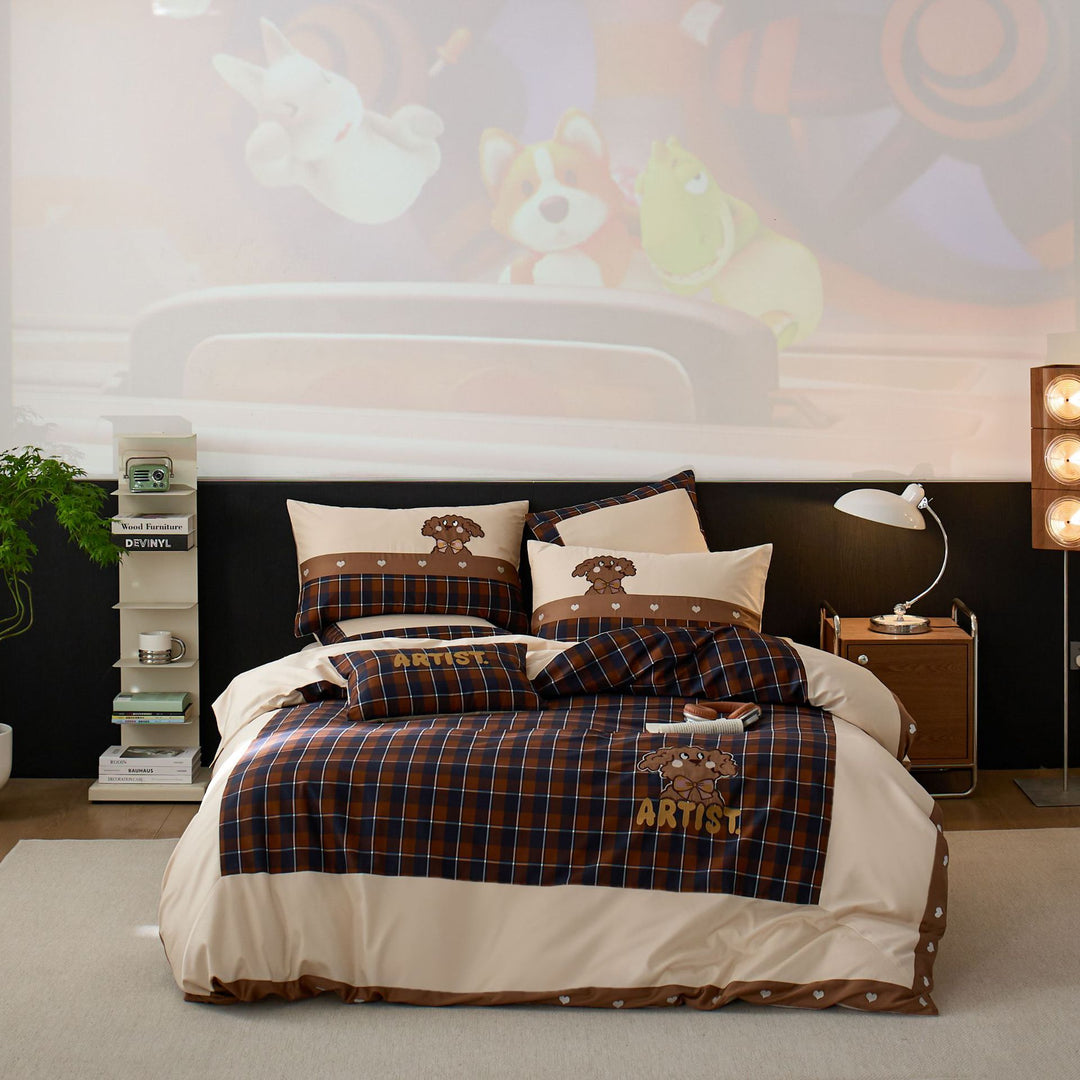 Children's bedding set made of cotton blend with checkered design and dog appliqué