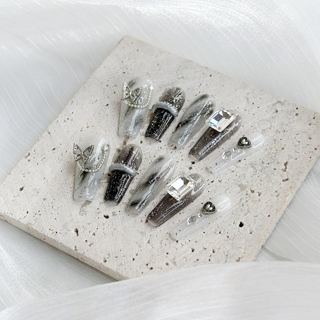 Decorative Press-On Nail Art Set with Gem and Velvet Accents