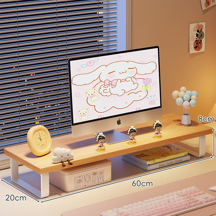 Elevated Monitor Riser Stand with Wood-Effect Top Metal Frame and Under-Shelf Storage