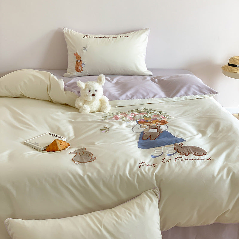Whimsical Bunny Embroidered Cotton Duvet Cover and Pillowcase Set