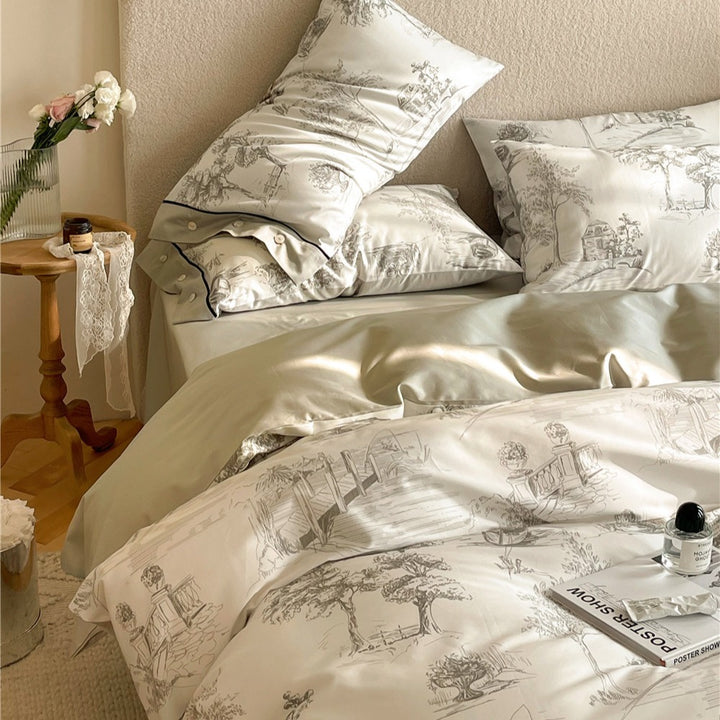 Luxurious Sateen Cotton Toile Duvet Cover and Pillowcase Bedding Set