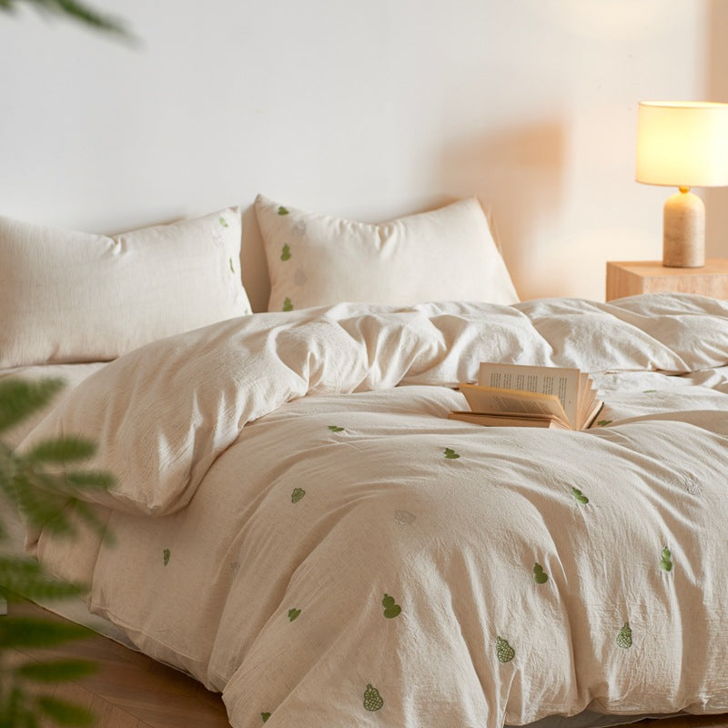 Breathable Washed Cotton Duvet Cover Set with Green Fruit Embroidery and Pillow Shams