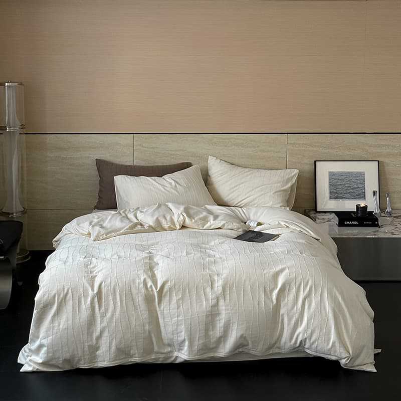 Washed Percale Cotton Duvet Cover Set with Subtle Wavy Texture and Envelope Closure