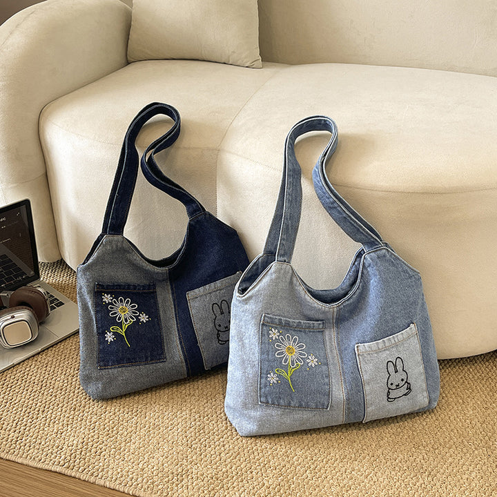 Artistic Embroidered Denim Handbag