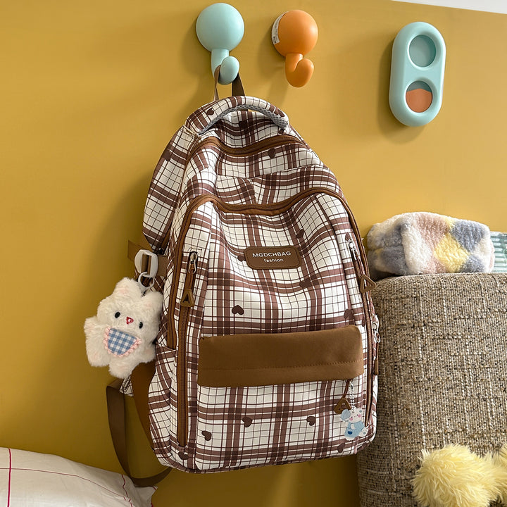 Stylish Checked Backpack with Heart Accents Stornfield