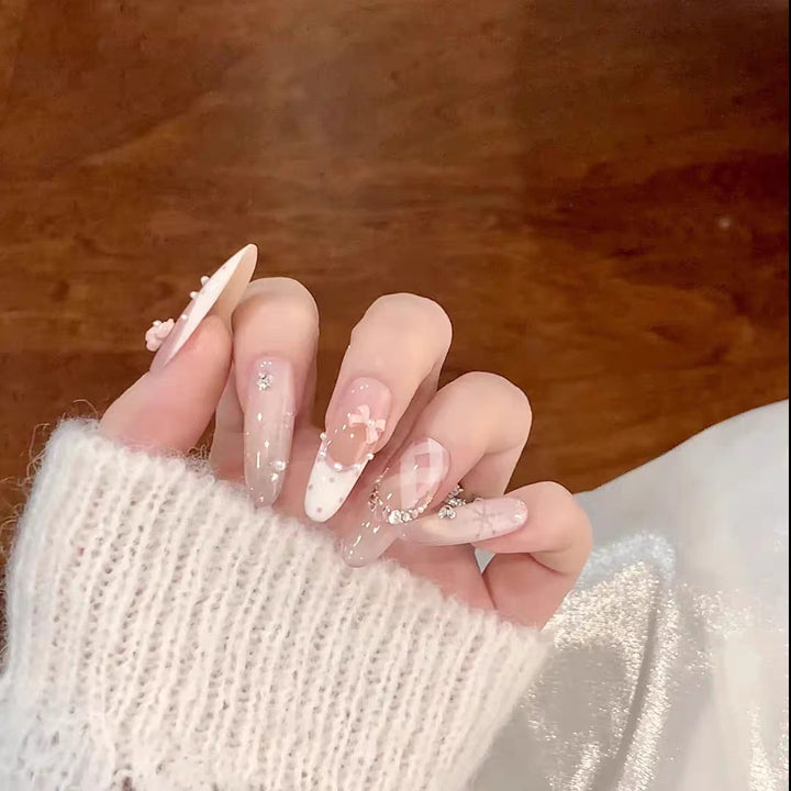 Premium Artistic Press-On Nail Set with Glittering Floral Accents Stornfield