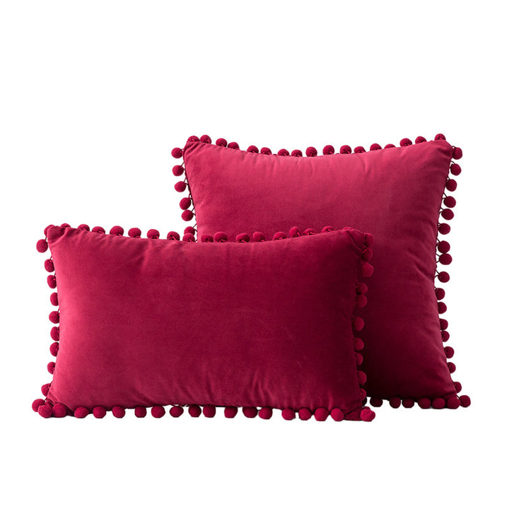 Velvet Pom-Pom Fringe Square and Lumbar Decorative Throw Pillow Set
