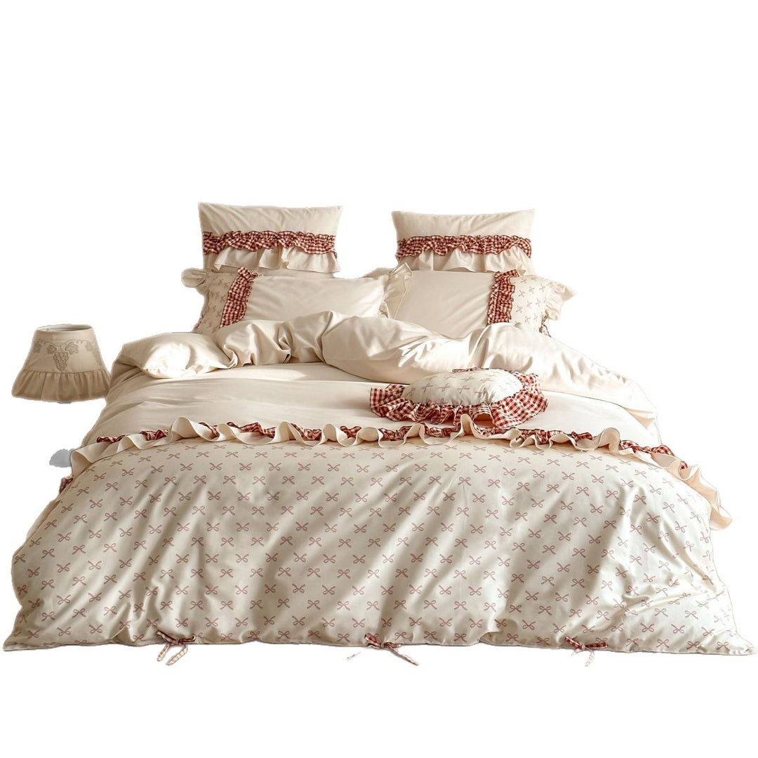 Ruffled Gingham Trim Cotton Percale Duvet Cover Set with Decorative Pillowcases
