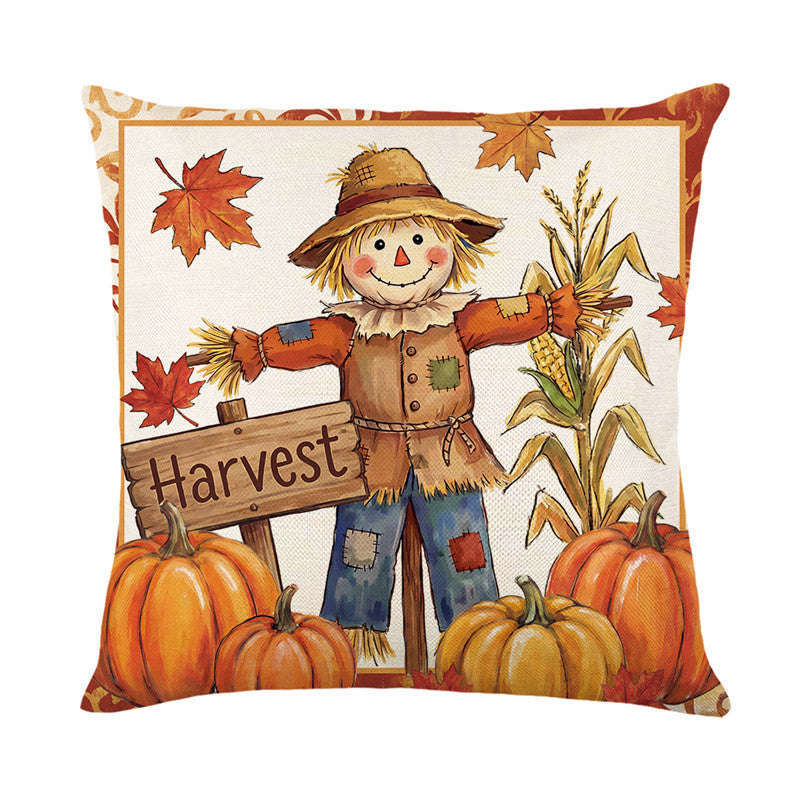 Autumn Harvest Cotton-Linen Square Throw Pillow Cover with Thanksgiving Turkey and Pumpkin Print