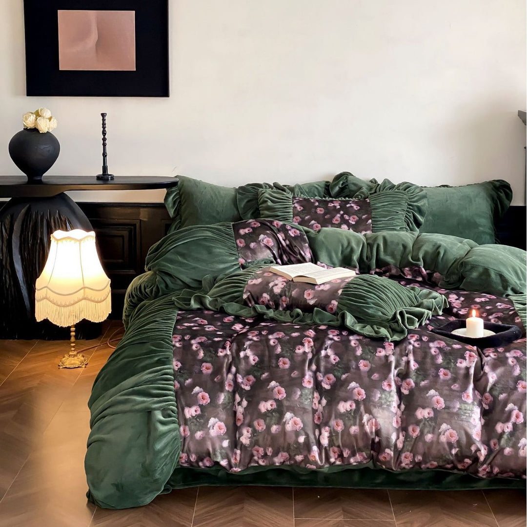Floral Plush Velvet Panel Duvet Cover Set with Ruched Ruffle Trim