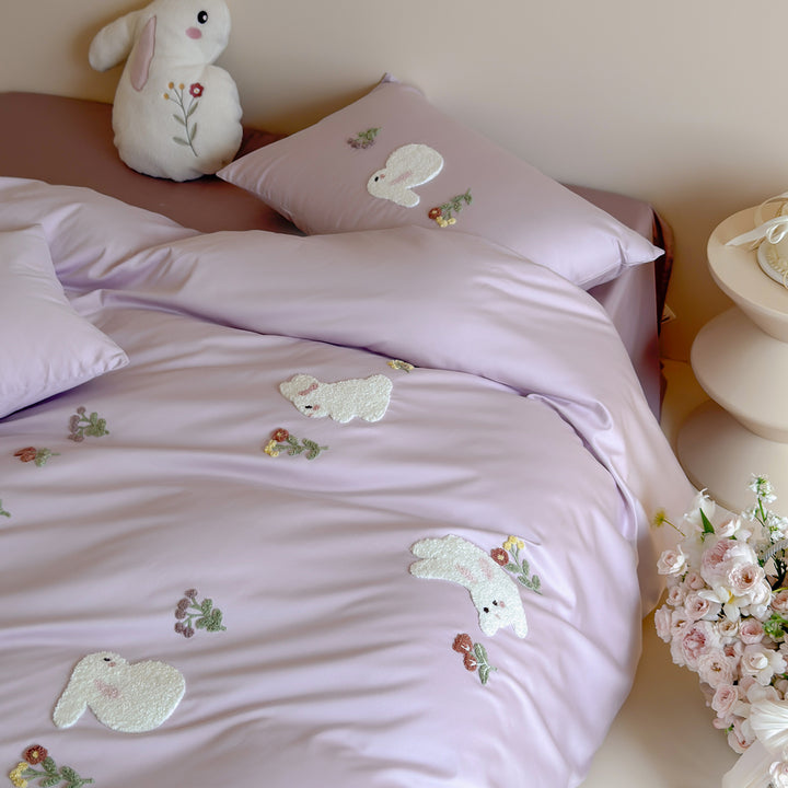 Luxe Embroidered Bunny Cotton Bedding Set with Duvet Cover and Pillowcases