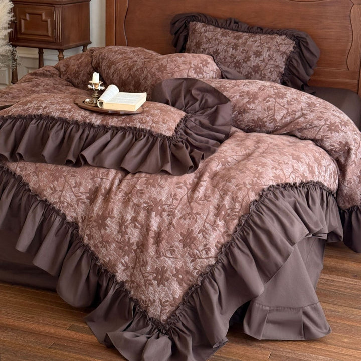 Floral Jacquard Ruffled Duvet Cover Set with Tailored Ruffle Hem