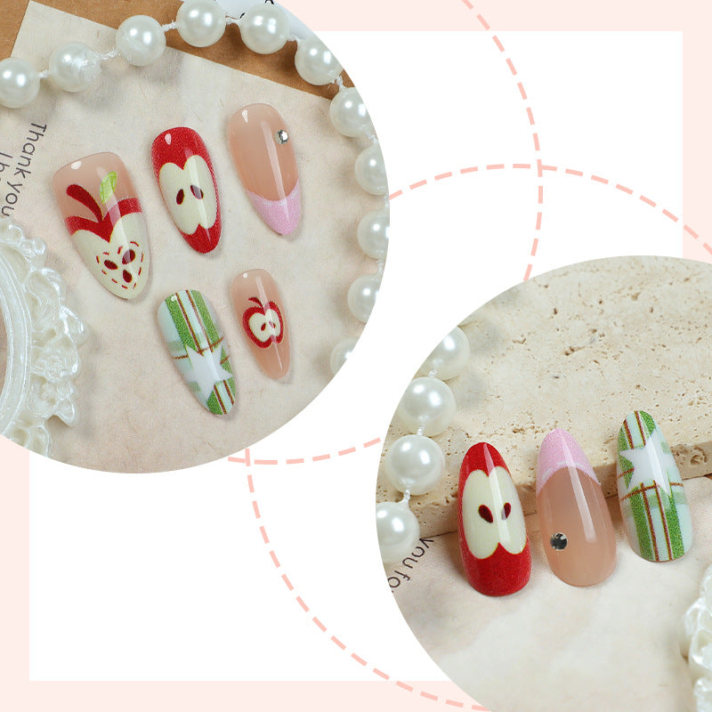 Artificial nail set with cheerful apple and star pattern Stornfield