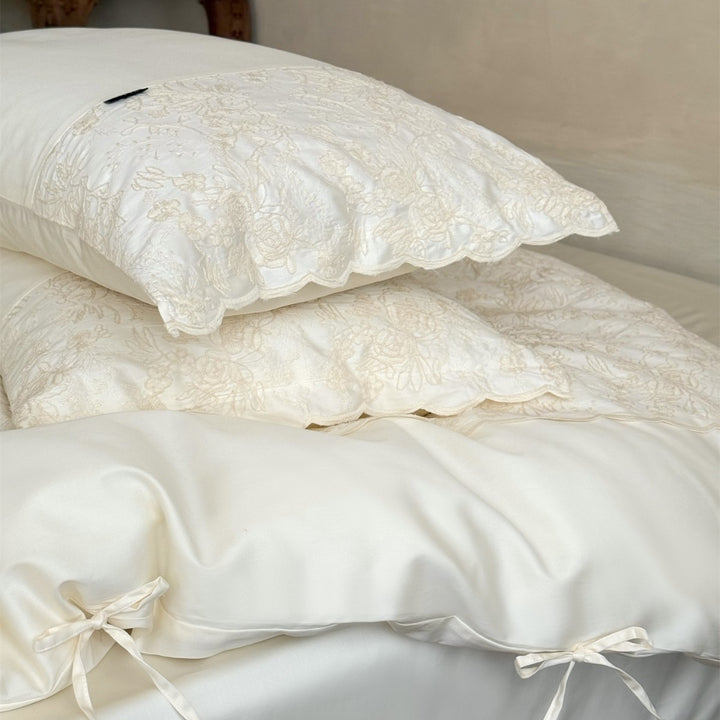 Luxury Embroidered Scalloped-Edge Duvet Cover Set with Bedskirt and Ribbon-Tie Shams