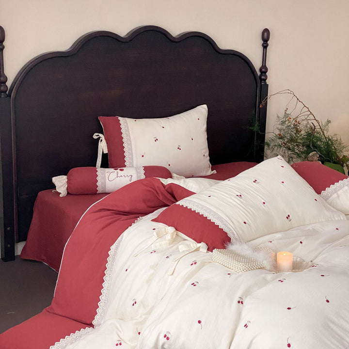 Embroidered Cherry Cotton-Linen Duvet Cover Set with Lace-Trim Shams