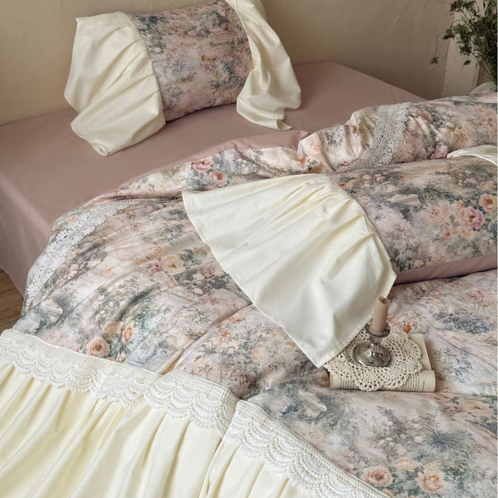 Romantic bedding set with ruffles and satin bed skirt