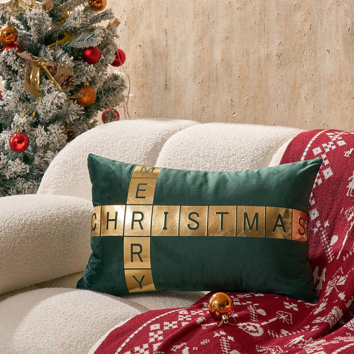 Velvet Foil-Block Crossword Lumbar Throw Pillow Cover with Hidden Zipper