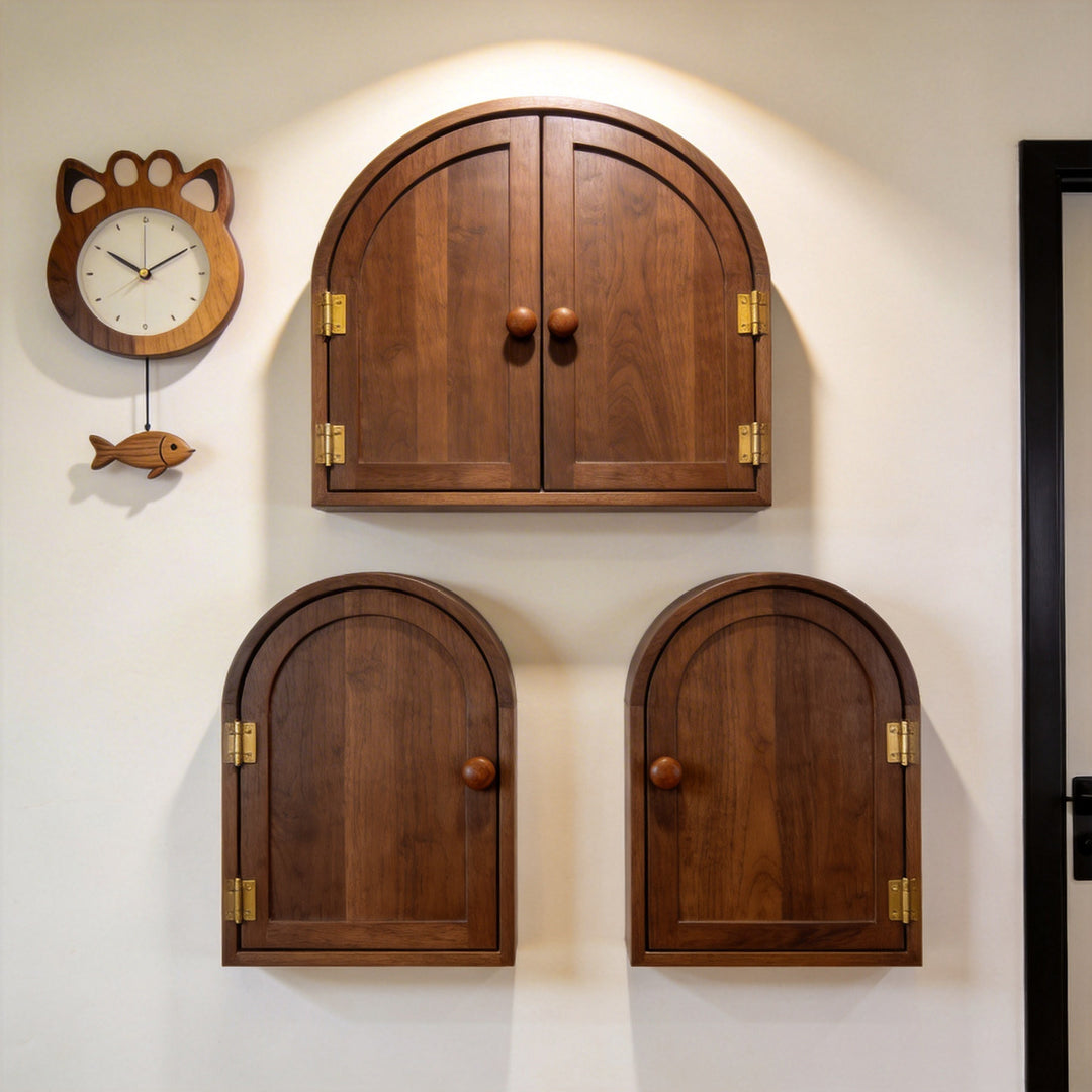 Arched Wall-Mounted Solid Wood Storage Cabinet Set with Brass Hinges and Round Knobs