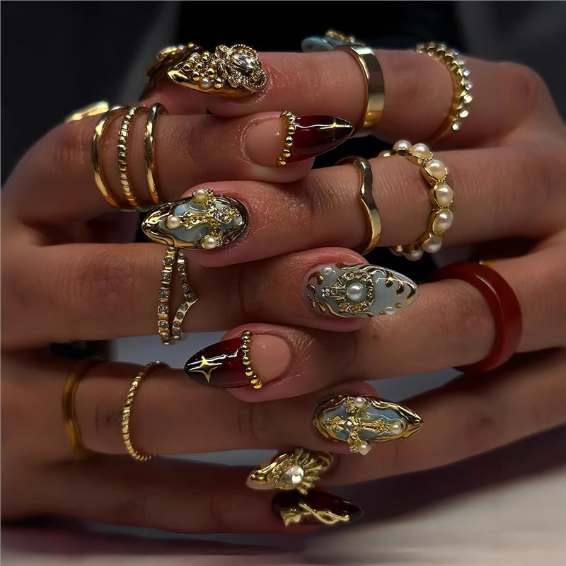 Artistic Decorative Press-On Nail Set with Gemstone and Pearl Accents Stornfield