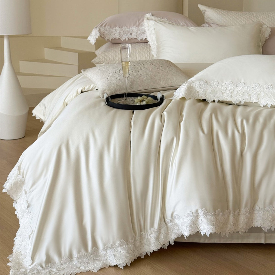 Silky Satin Duvet Cover Ensemble with Scalloped Floral Lace Border and Pillow Shams