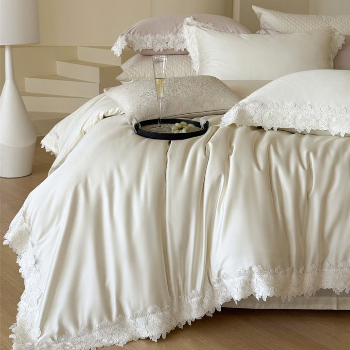 Silky Satin Duvet Cover Ensemble with Scalloped Floral Lace Border and Pillow Shams